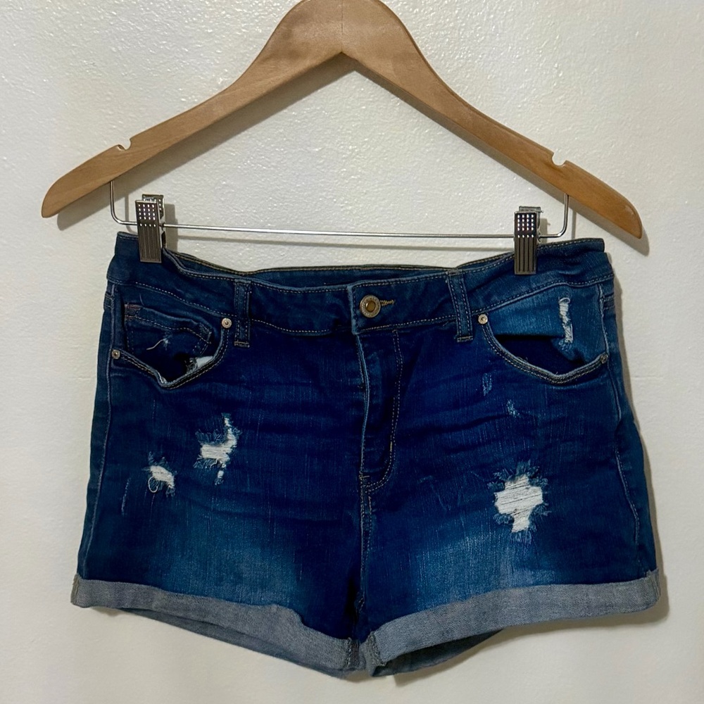 Wax Jean Dark Blue Distressed Roll-Hem Denim Shorts